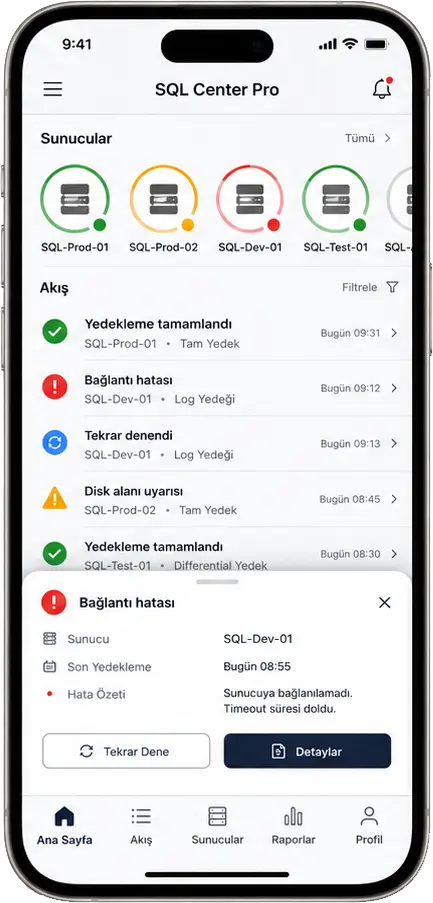 SQL Center Pro mobil uygulaması tam rapor ekranı