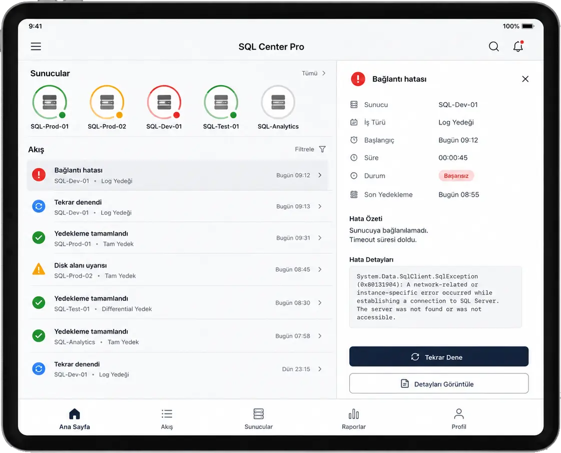 SQL Center Pro tablet uygulaması tam rapor ekranı